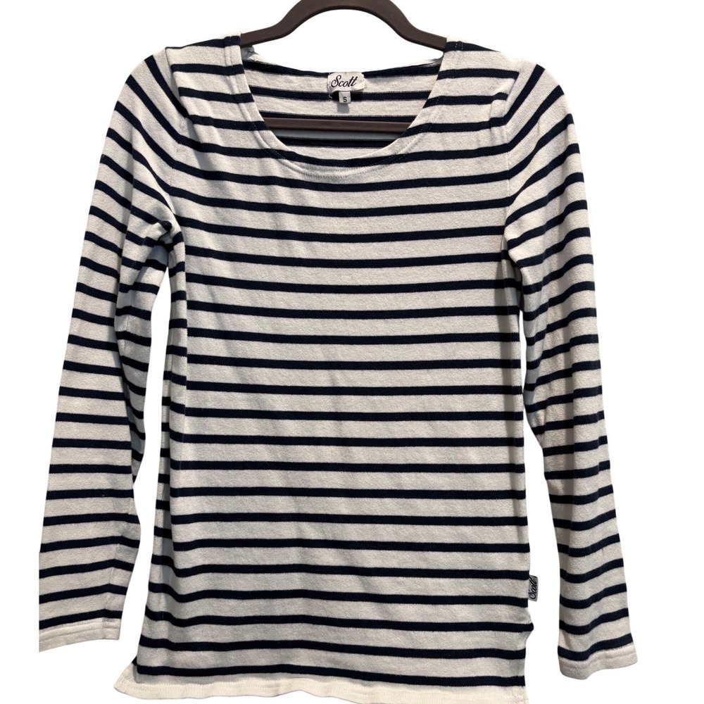 Scott Striped Long Sleeve Top Womens Small White Navy Blue Nautical Scoop Neck